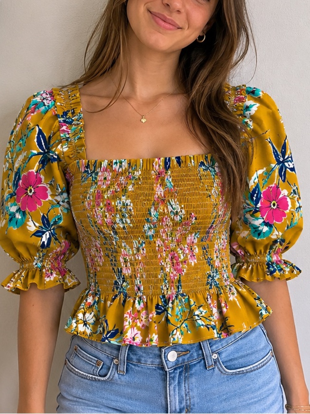 Alivia Kaley Smocked top crop XS floral